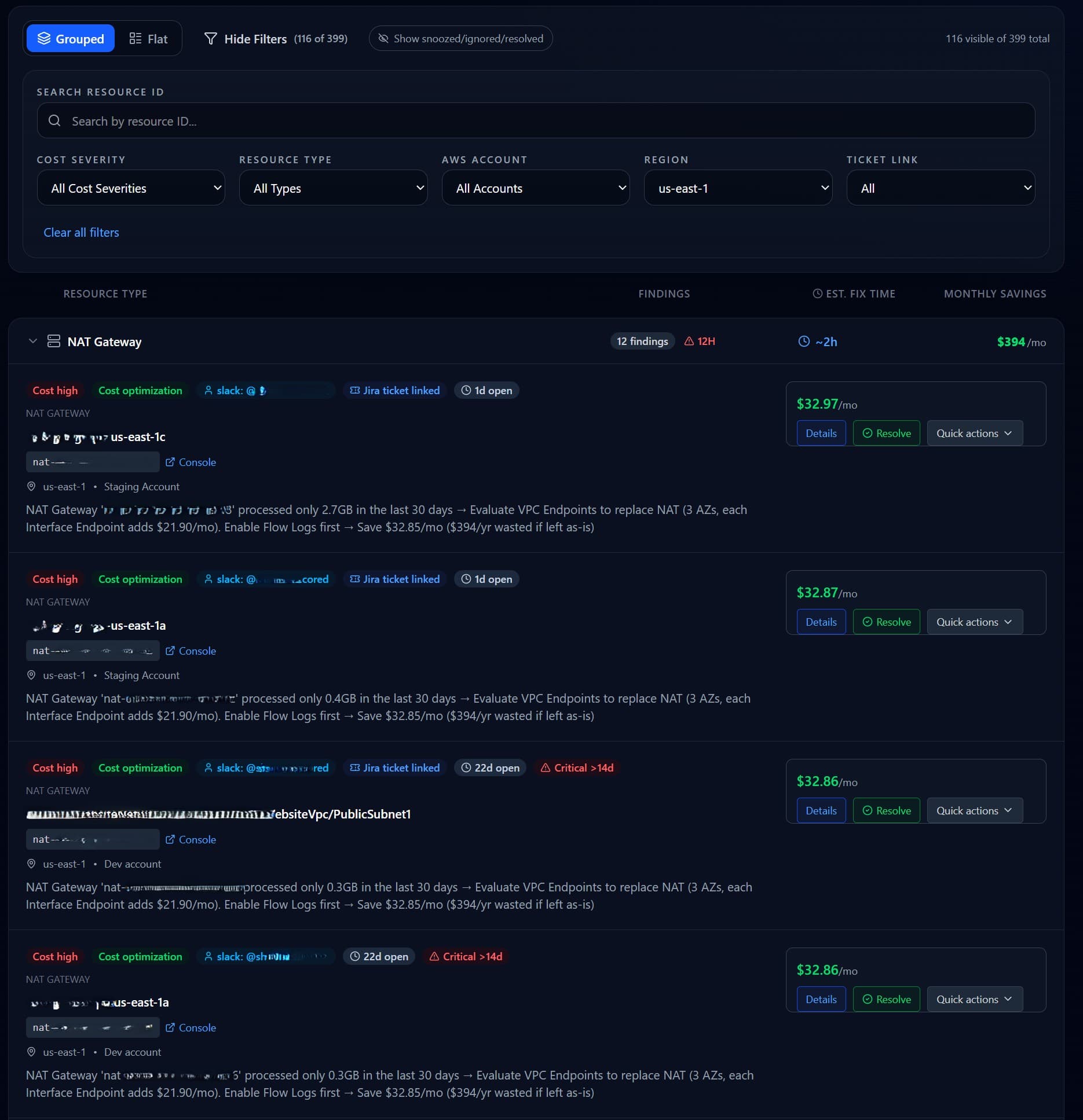 Redacted OpsCurb findings workspace screenshot
