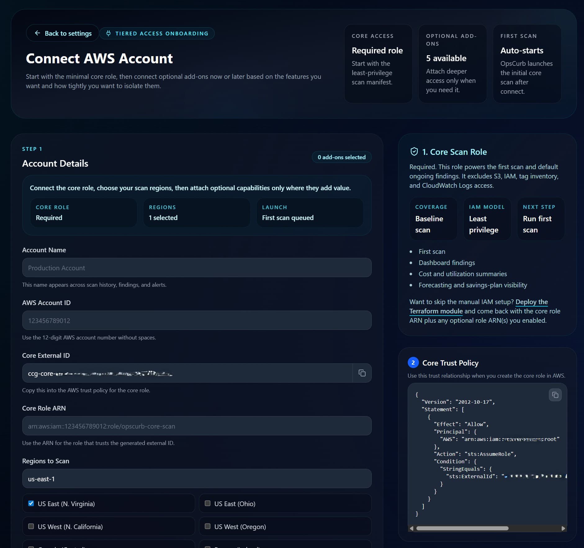 Redacted OpsCurb onboarding screen for connecting an AWS account