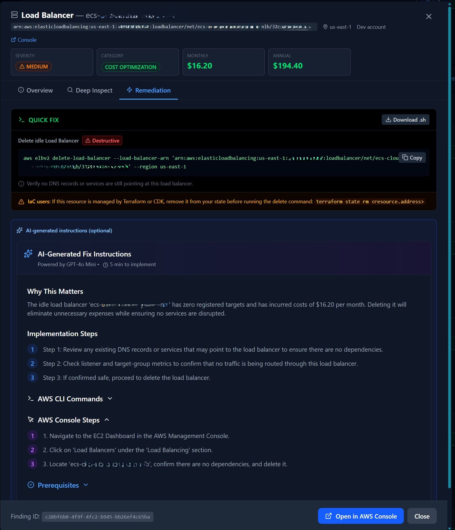 Redacted remediation screenshot from OpsCurb